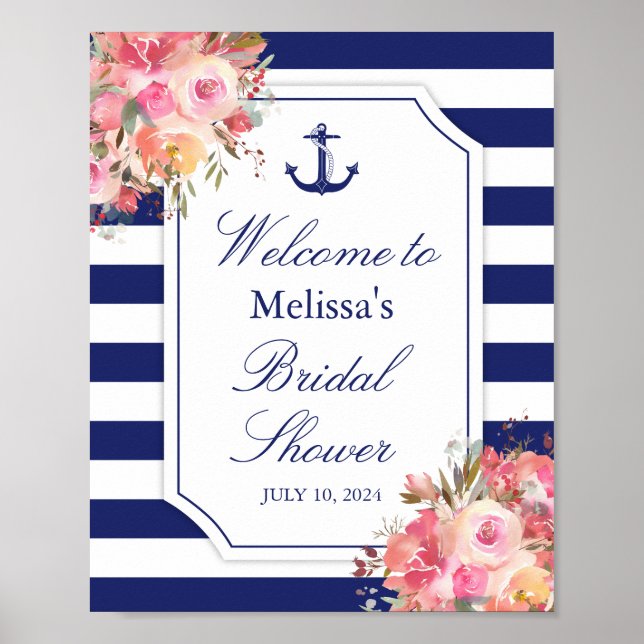 Poster Ancre florale marine Fête des mariées à bande bleu (Devant)