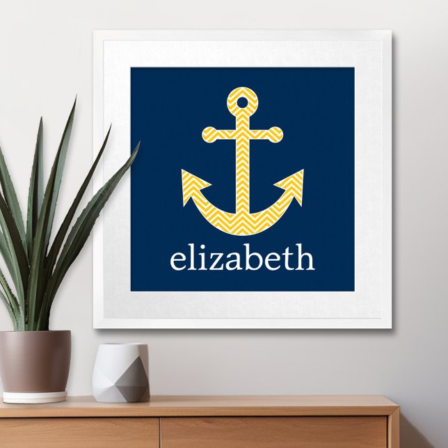 Poster Ancre nautique avec Motif de Navy Jaune Chevron (Nautical Anchor Poster with Custom Name)