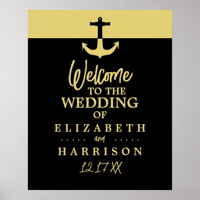 Poster Ancre nautique, Black Gold, Mariage Bienvenue (Devant)