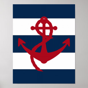 Poster Ancre nautique en rouge, bleu marine et blanc