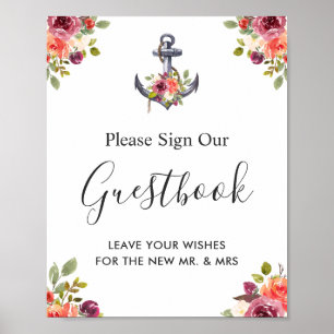 Poster Ancre nautique Floral Mariage Guestbook Sign