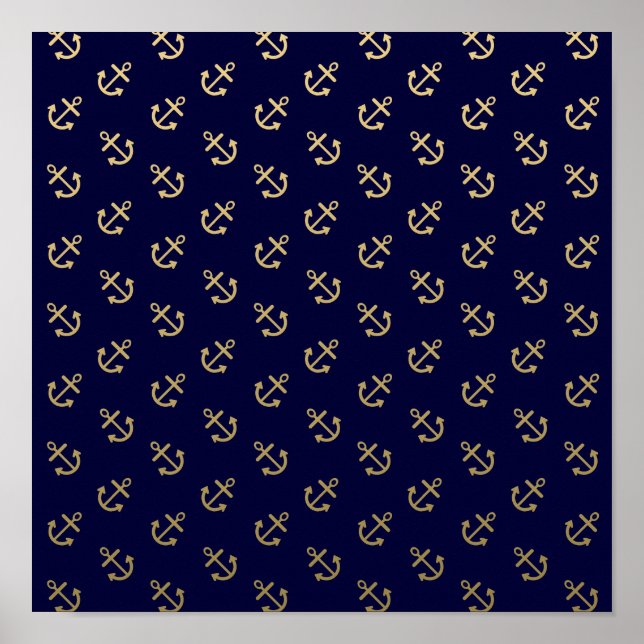 Poster Ancres d'or Motif Arrière - plan bleu marine (Devant)