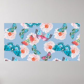 Poster Anémones pastel et papillons coloré aquarelle