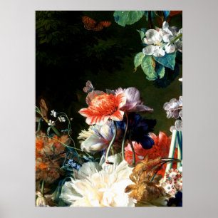 POSTER ANÉMONES ROSES ROUGES FLEURS BLANCHES, PAPILLON EN