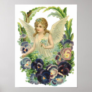 Poster Ange de Pâques victorien avec Fleurs de Pansy Viol