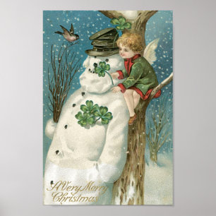 Poster Ange et bonhomme de neige de Noël
