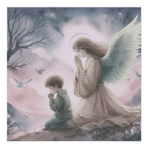 Poster Ange gardien et enfant priant ensemble