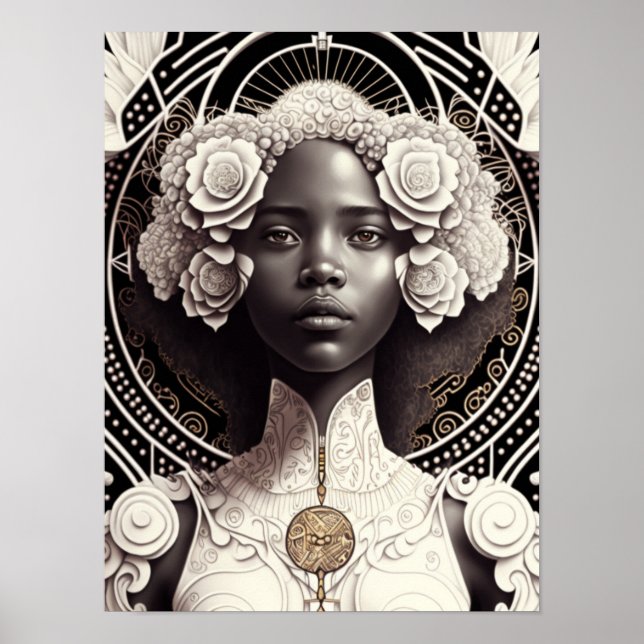 Poster Ange Noir Portant Des Roses Blanches Dans Ses Chev (Devant)