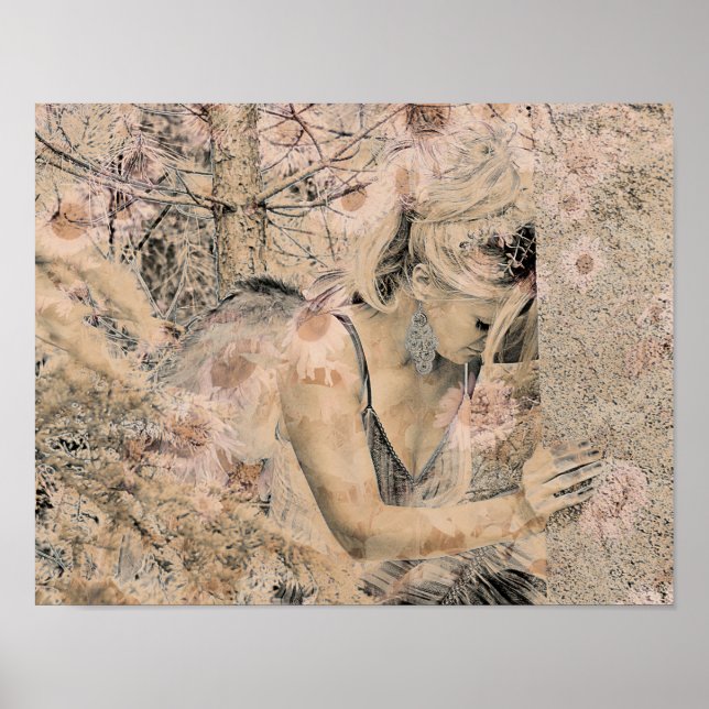 Poster Angel Elegant Boho Sepia Floral Antique Vieux (Devant)