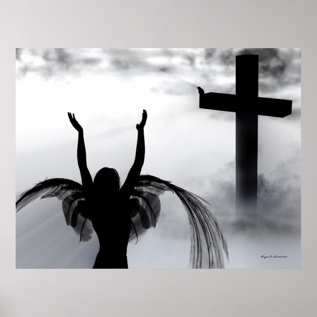 Poster Angel Priez à la Croix chrétienne Art Imprimer (Devant)