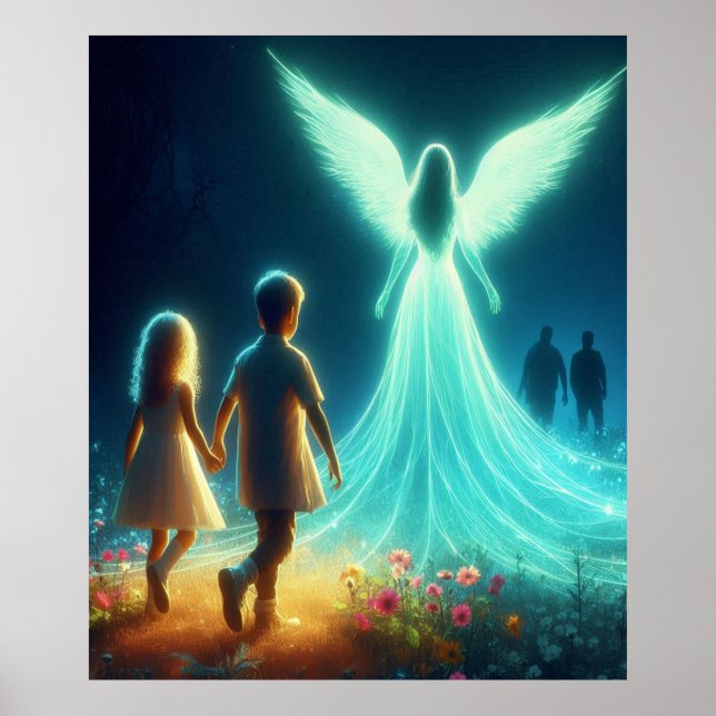 Poster Angel Protecting Two Small Children in the Night (Devant)