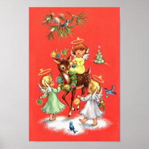 Poster Anges et rennes de Noël rétro vintage