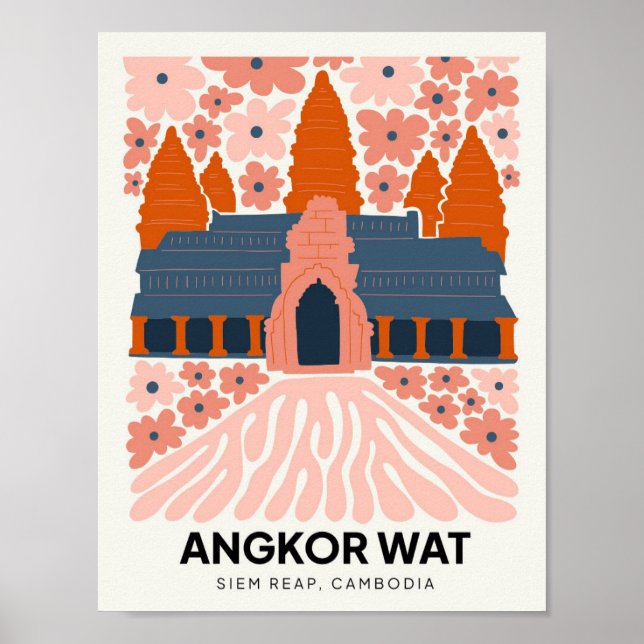 Poster Angkor Wat Siem Reap Cambodge voyage art floral (Devant)
