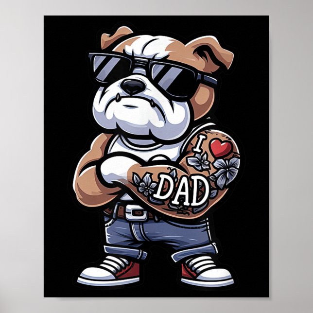 Poster Anglais Bulldog I Love Papa Funny Chien Tattoo (Devant)