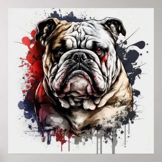 Poster Anglais Bulldog Portrait animal Peinture chien ani (Devant)