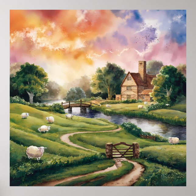 Poster Anglais Paysage aquarelle de campagne (Devant)