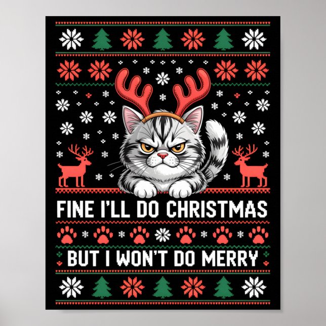 Poster Angry Antler Cat Funny Xmas Ugly Sweater Long Slee (Devant)