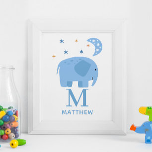 Poster Animal d'éléphant bleu. Baby boy monogram nursery