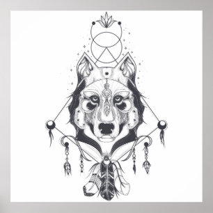 Poster Animal loup tribal en noir et blanc