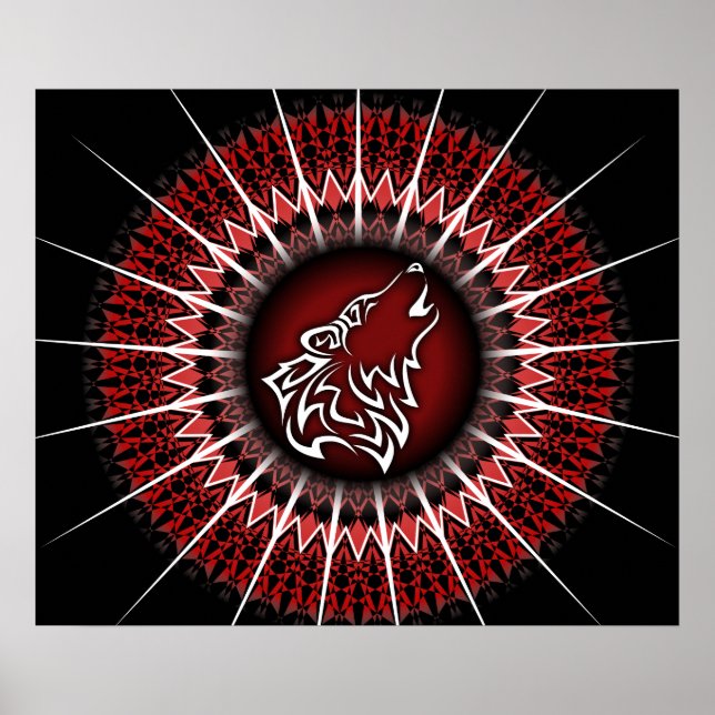 Poster Animal tribal Black Red Wolf (Devant)