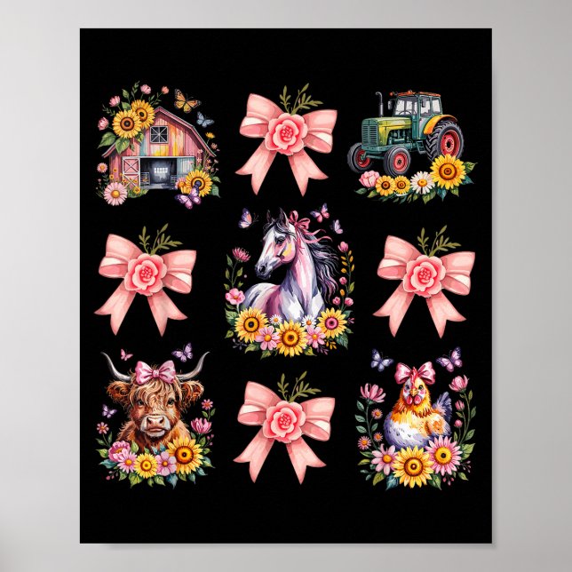 Poster Animals Cow Chicken Horse Tractor Flower Farm Wome (Devant)