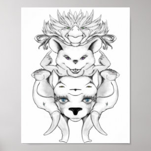 Poster Animals totem black and white line art drawing