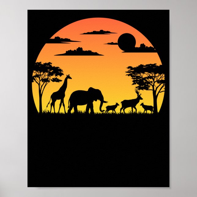 Poster Animaux africains sauvages Safari coucher de solei (Devant)