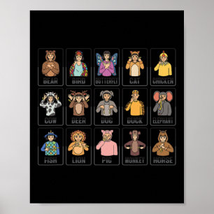 Poster Animaux ASL Gesture à la main Animaux Sourds Perte