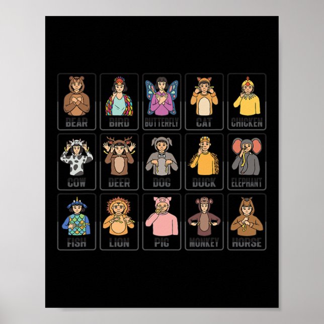 Poster Animaux ASL Gesture à la main Animaux Sourds Perte (Devant)