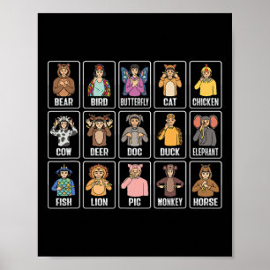Poster Animaux ASL Gesture à la main Animaux Sourds Perte