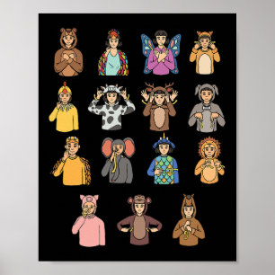 Poster Animaux ASL Gesture mains Sourdes Perte auditive A