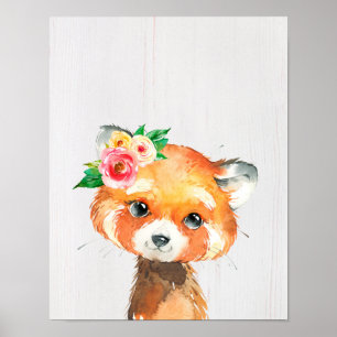 Poster Animaux bébé panda roux floral aquarelle