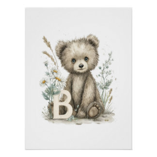 Poster Animaux Bébés Mignons à l'Aquarelle avec Lettres d