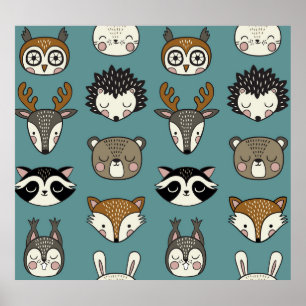 Poster Animaux de bois mignons Motif Vintage