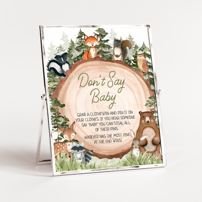Poster Animaux de bois tranche de bois ne pas dire bébé (Boy Woodland Animals Baby Shower Don't Say Baby Sign)