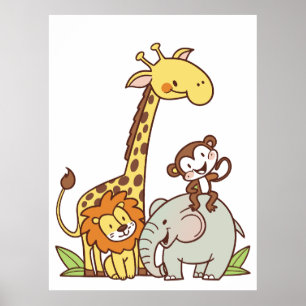 Poster Animaux de dessin animé mignons – Girafe, Lion & S