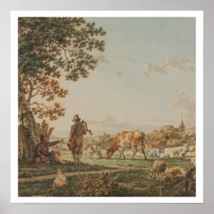 Poster Animaux de ferme avec deux bergers Peinture Vintag