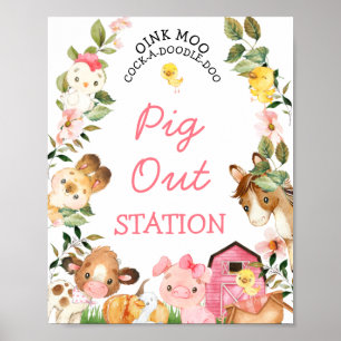 Poster Animaux de ferme colorés Grange rose Anniversaire
