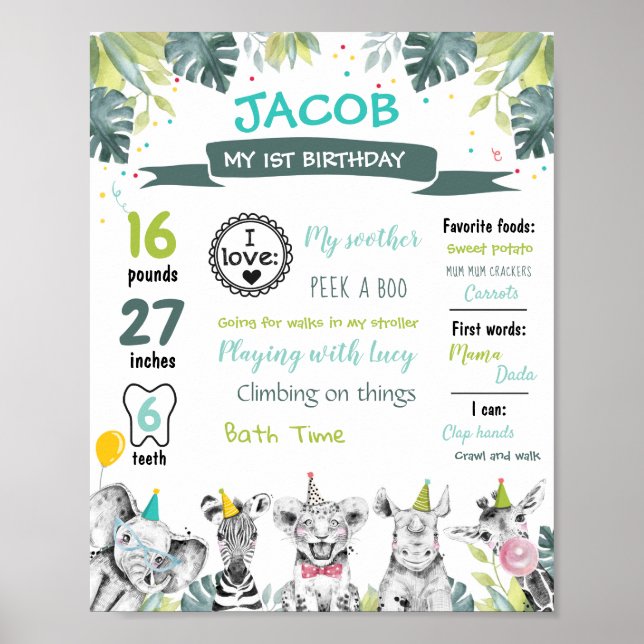 Poster Animaux de fête Safari Premier anniversaire Jalons (Devant)
