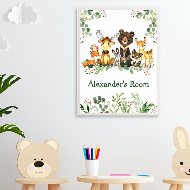 Poster Animaux de la forêt de bois à l'aquarelle et verdu (Choose your text color, text style and custom size poster.)