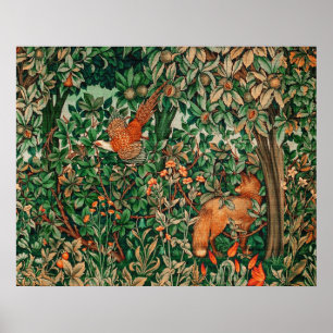 Poster ANIMAUX DE LA FORÊT Faisan Renard Rouge,Floral Ver