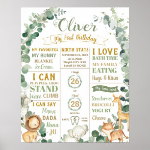 Poster Animaux de la jungle Anniversaire Jalon Statistiqu