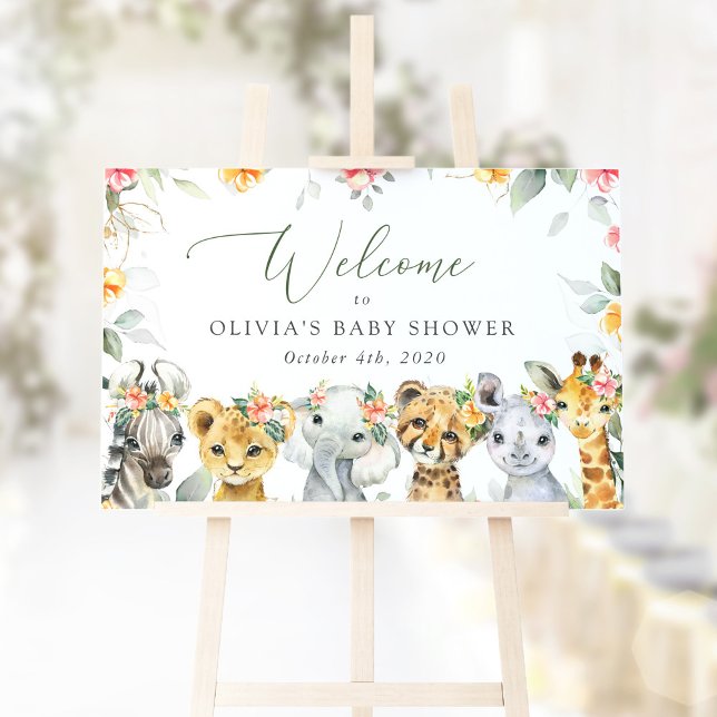Poster Animaux de la jungle, Fleurs, Baby shower d'accuei (Créateur téléchargé)