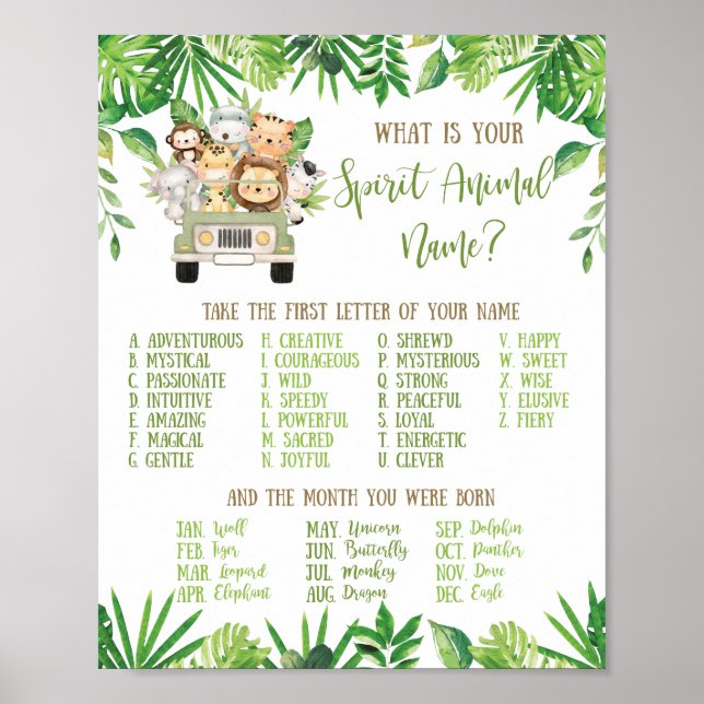 Poster Animaux de la jungle Quel est votre esprit Nom ani (Devant)
