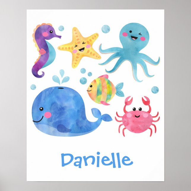 Poster animaux de mer, aquarelle animaux de mer, poisson, (Devant)