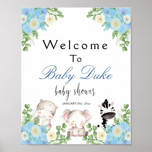 Poster animaux de safari Blue Boy Baby shower Welcome Pos (Devant)