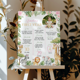 Poster Animaux de Safari Rose Premier Anniversaire Sauvag