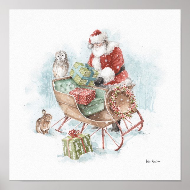 Poster Animaux des bois avec le Père Noël et son couleigh (Devant)