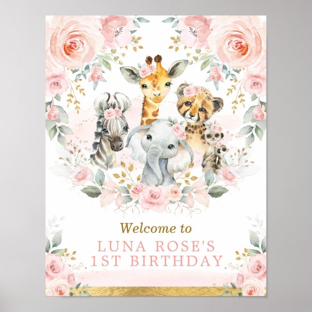 Poster Animaux d'une Jungle rose Blush Floral Anniversair (Devant)