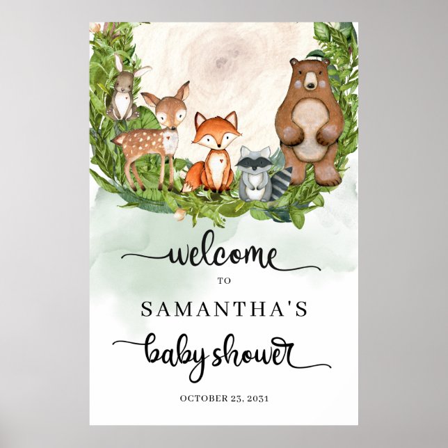 Poster Animaux forestiers baby shower en tranche de bois  (Devant)